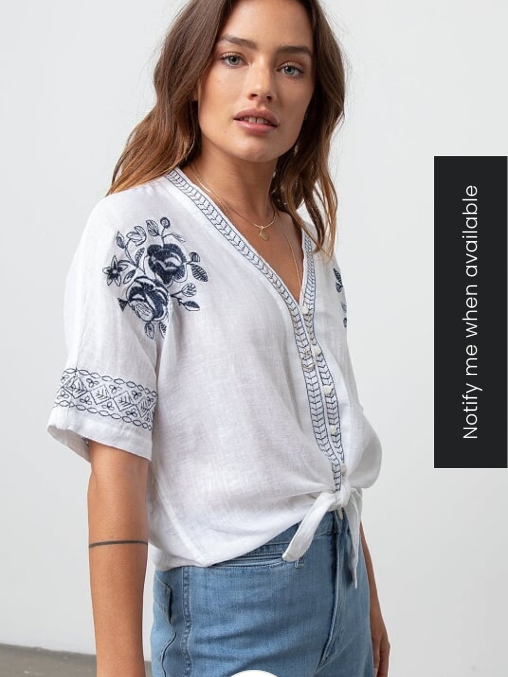 Rails White Linen Blend Thea Blue Floral Embroidered Tie Front Blouse in size S